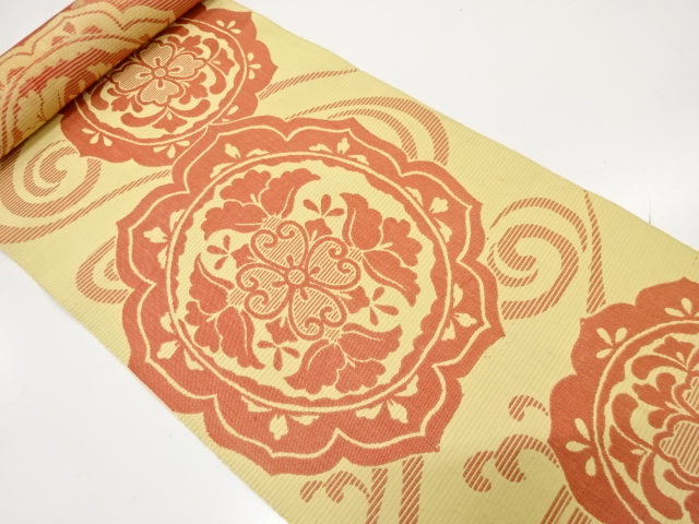 アンティーク　絵皿に花模様織り出し　八寸帯地反物